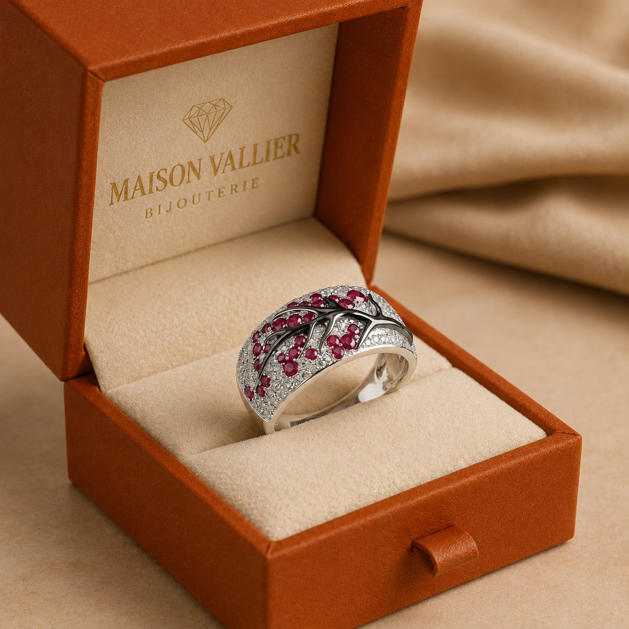 Anillo con rubíes y flores | Oro blanco