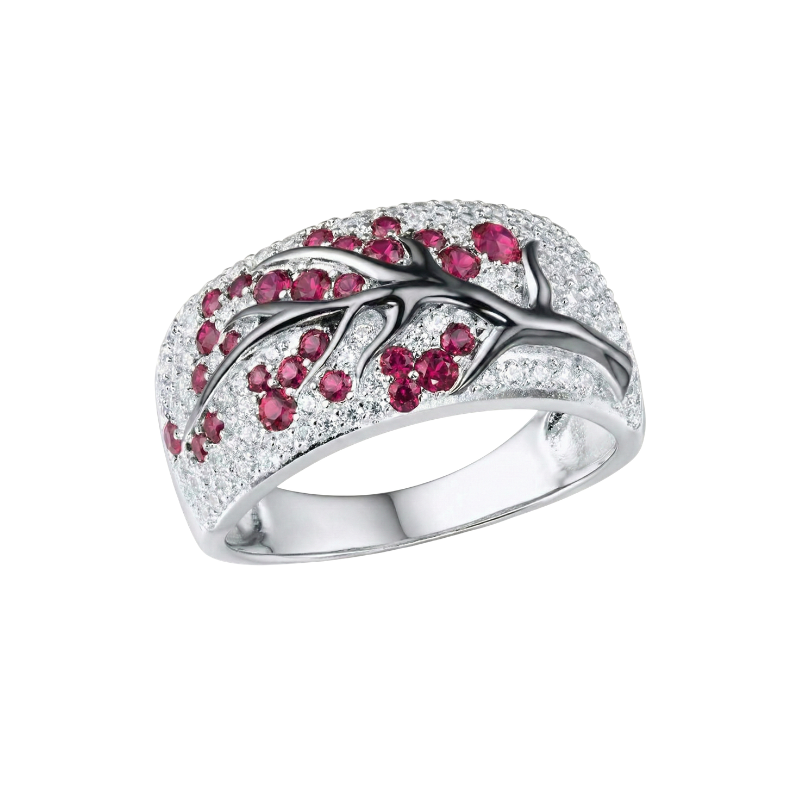 Anillo con rubíes y flores | Oro blanco