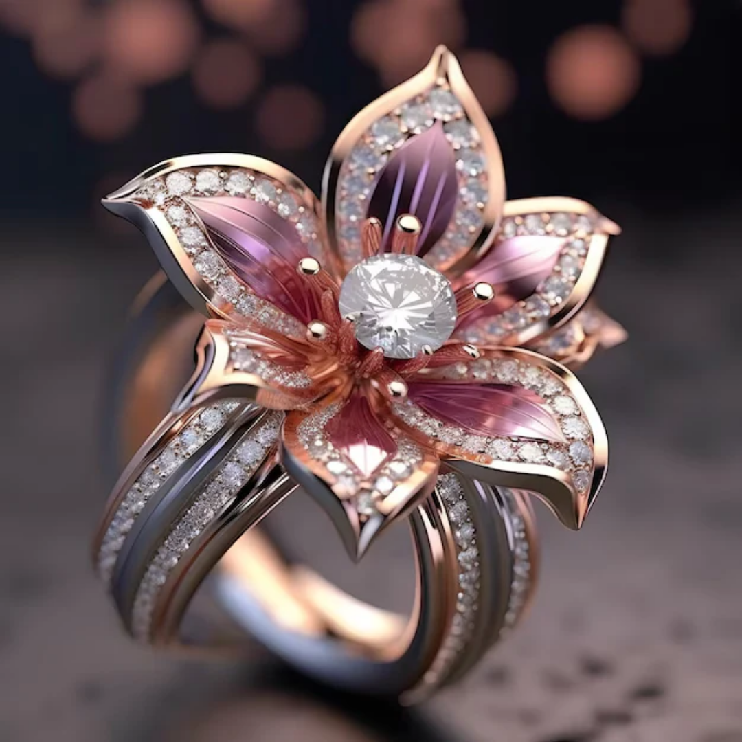 Anillo de cristal con flor de loto rosa exótica