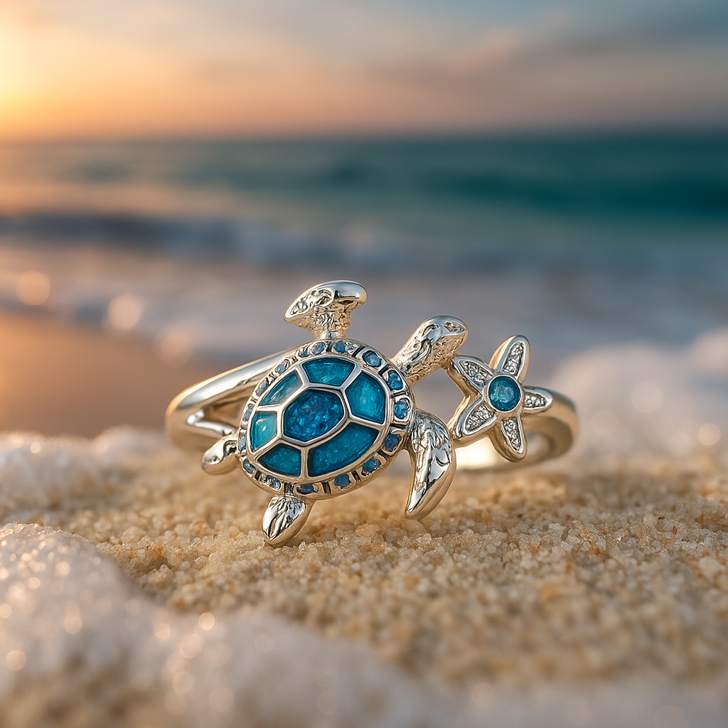 Anillo de plata con tortuga y ópalo azul