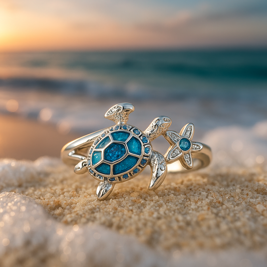 Anillo de plata con tortuga y ópalo azul