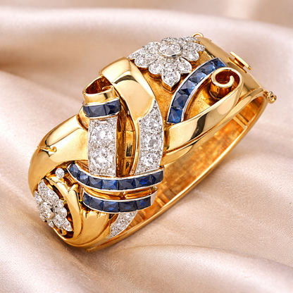 Anillo retro de oro con zirconias azules