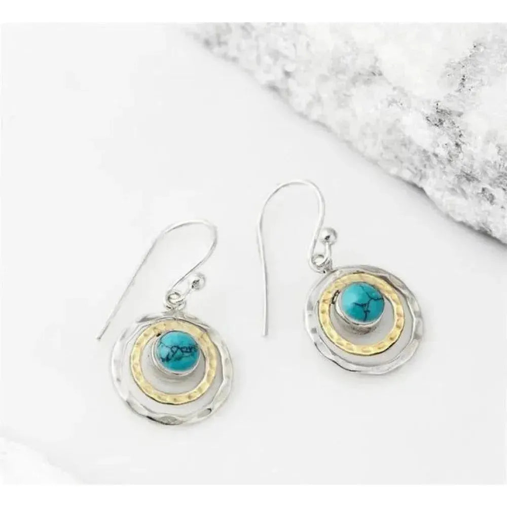 Aretes bohemios "Saturno" con turquesa en plata y oro
