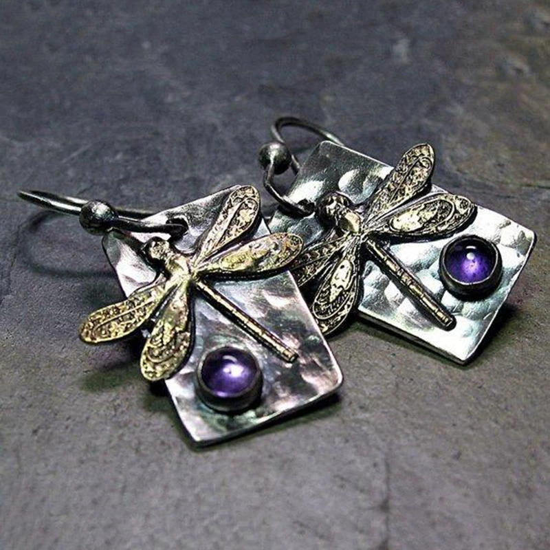 Aretes de libélula retro con cristales morados