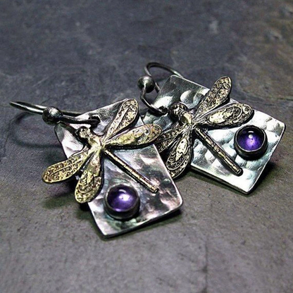 Aretes de libélula retro con cristales morados