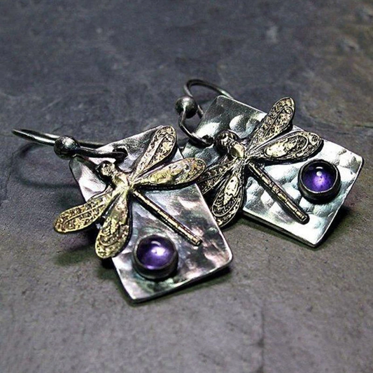 Aretes de libélula retro con cristales morados