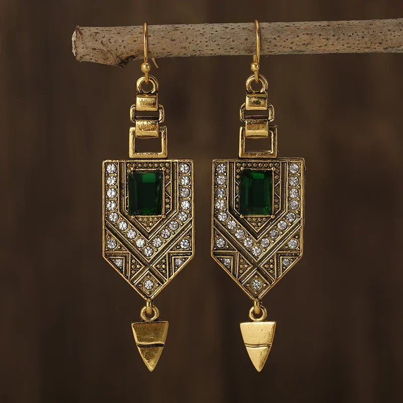 Aretes geométricos retro en oro y verde