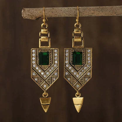 Aretes geométricos retro en oro y verde