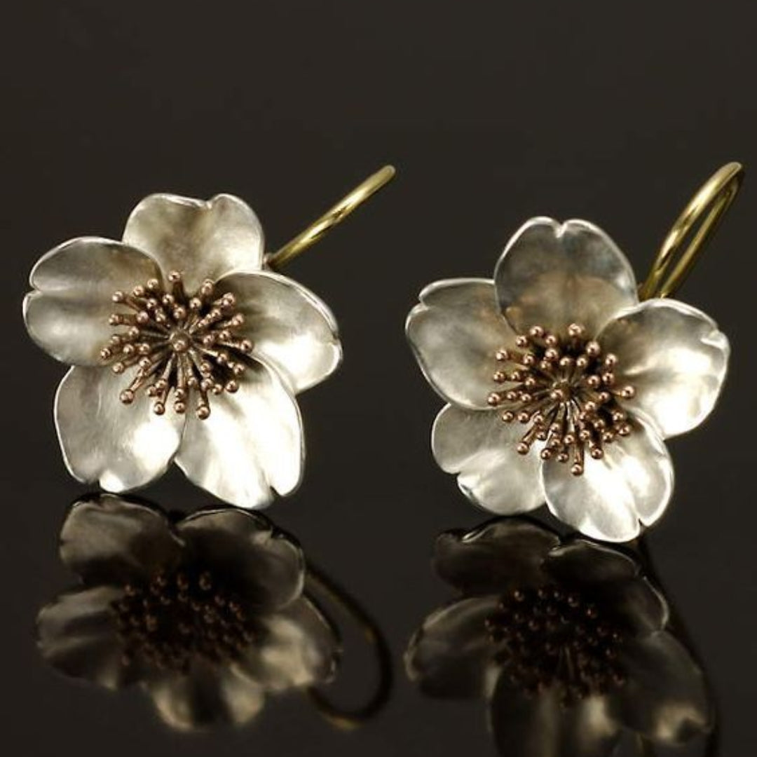 Aretes retro de plata y oro con flores