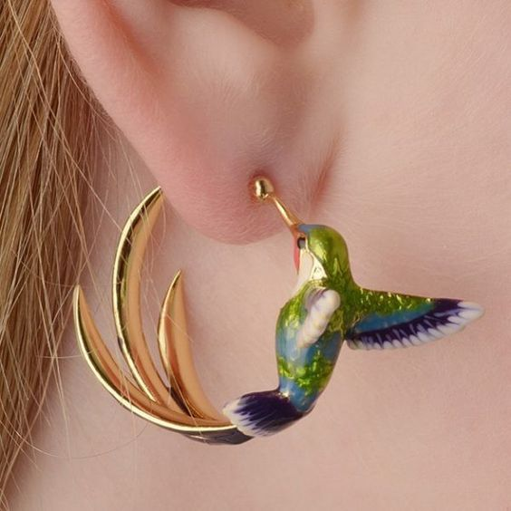Aretes vintage con colibrí de esmalte
