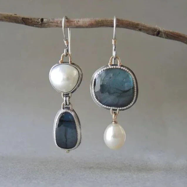 Aretes vintage de plata con piedras naturales y perlas