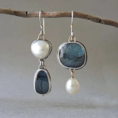 Aretes vintage de plata con piedras naturales y perlas