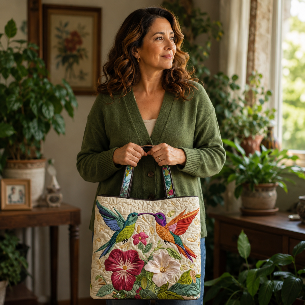 Bolsa Artesanal | Colibrí y Flores Blancas