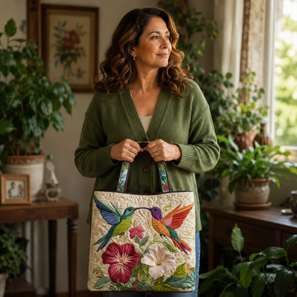 Bolsa Artesanal | Colibrí y Flores Blancas