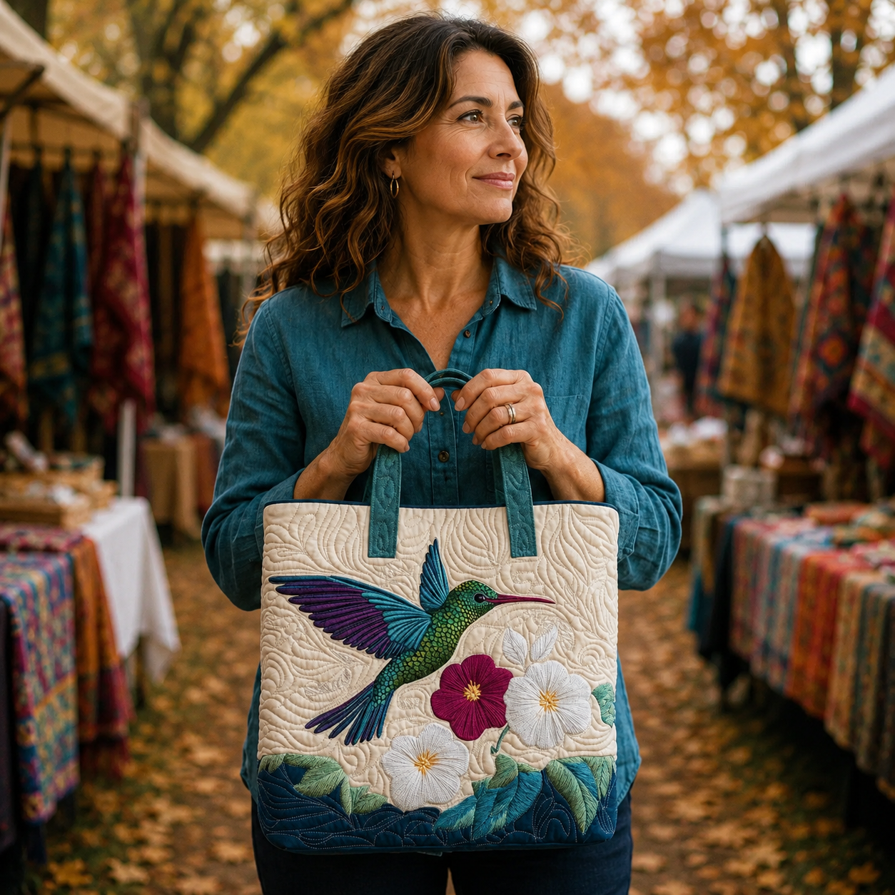 Bolsa Artesanal | Colibrí y Flor Blanca