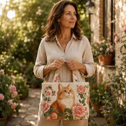 Bolsa Artesanal | Gato Naranja con Rosas