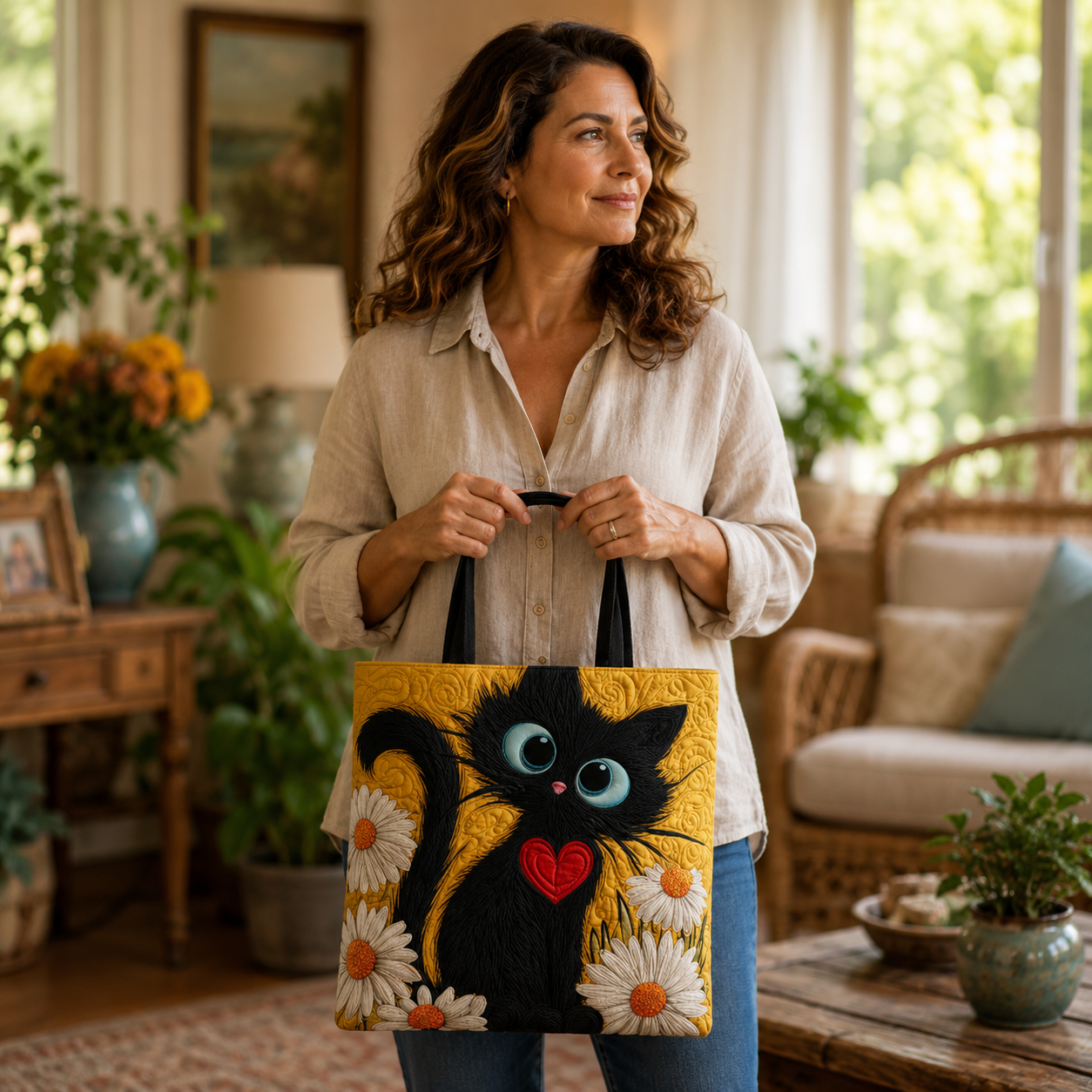 Bolsa Artesanal | Gato Negro con Margaritas