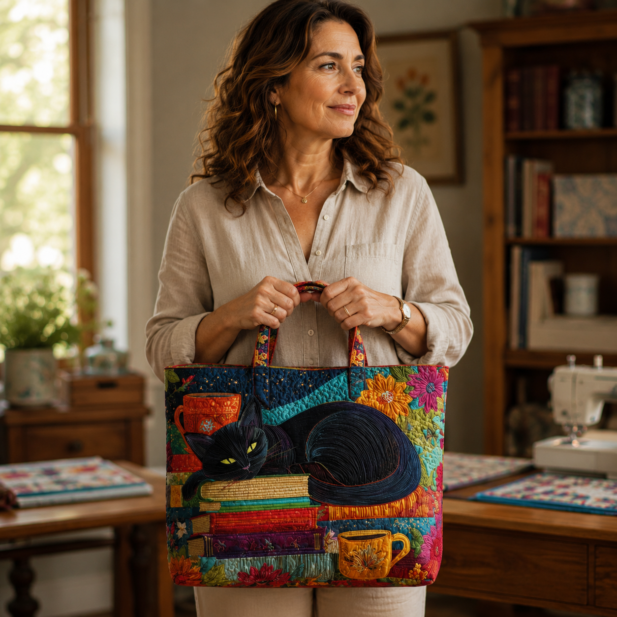 Bolsa Artesanal | Gato Negro con Libros y Tazas