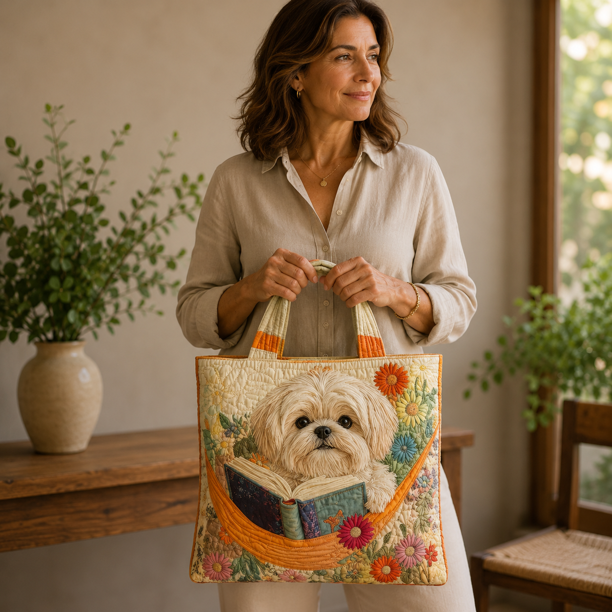 Bolsa Artesanal | Shih Tzu con Libros y Flores