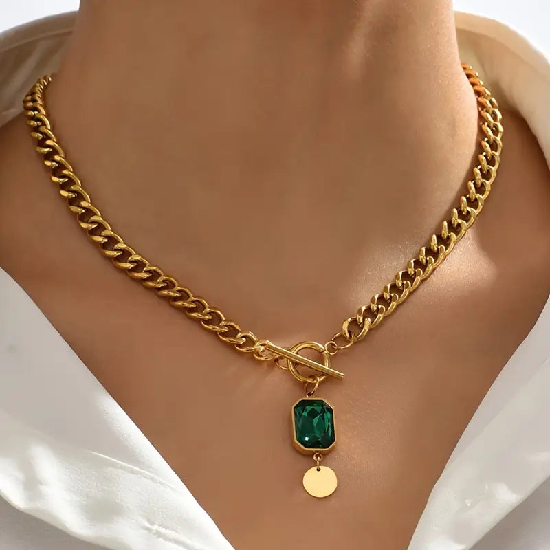 Collar con Gran Cadena y Péndulo de Esmeralda | Oro
