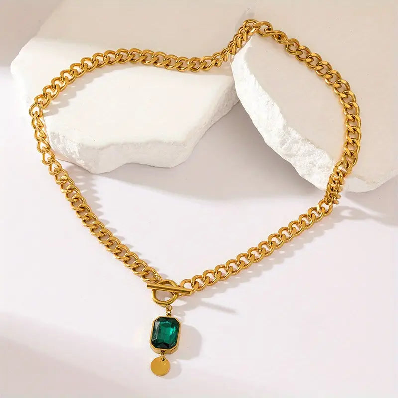 Collar con Gran Cadena y Péndulo de Esmeralda | Oro