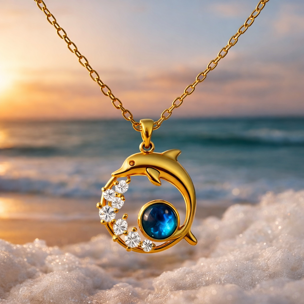 Collar de oro con delfín y cristal