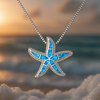 Collar de plata con estrella de mar luminosa y ópalo