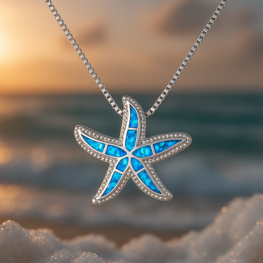 Collar de plata con estrella de mar luminosa y ópalo