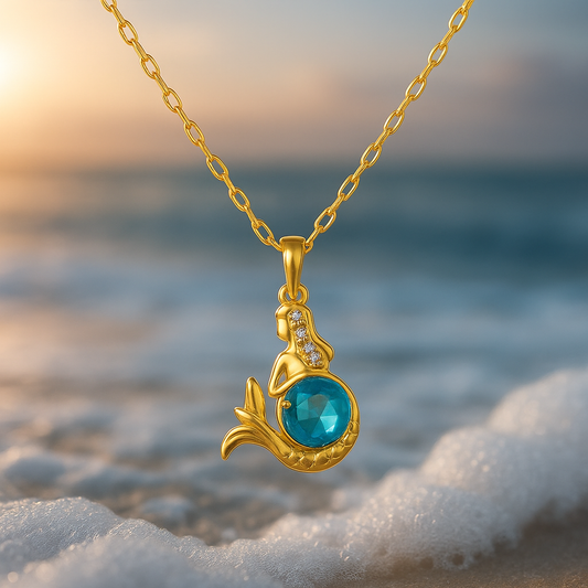 Collar de sirena dorado con cristal azul