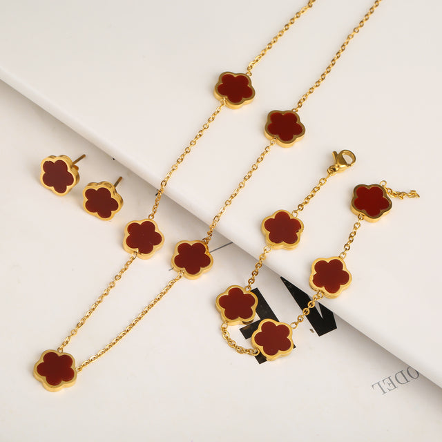 Conjunto Pulsera+Collar+Aretes Trébol
