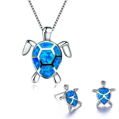 Conjunto de collar y aretes con tortuga marina de ópalo y plata