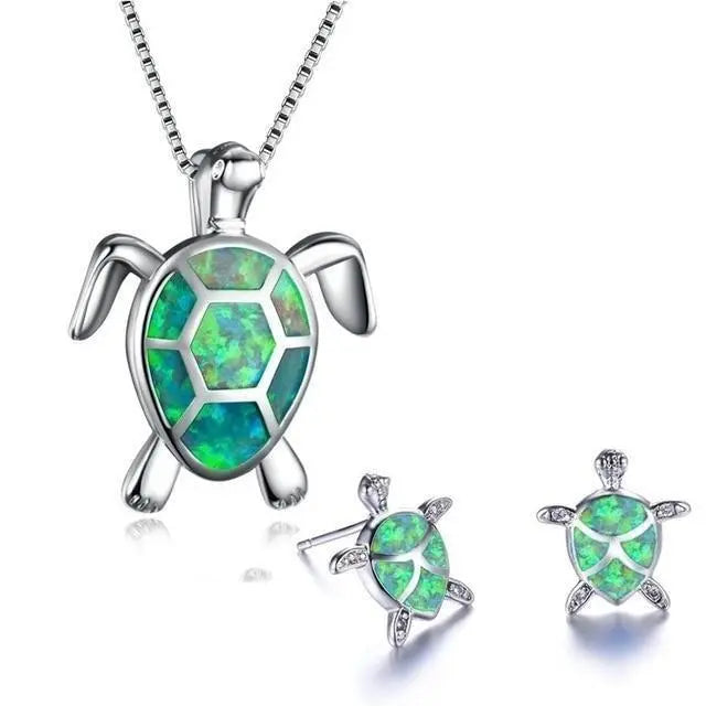 Conjunto de collar y aretes con tortuga marina de ópalo y plata