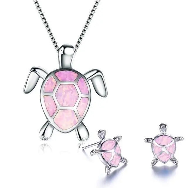 Conjunto de collar y aretes con tortuga marina de ópalo y plata