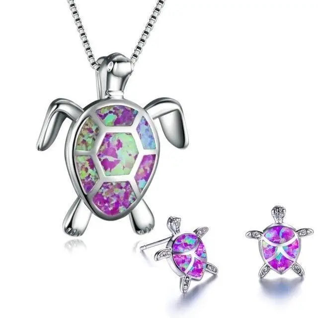Conjunto de collar y aretes con tortuga marina de ópalo y plata
