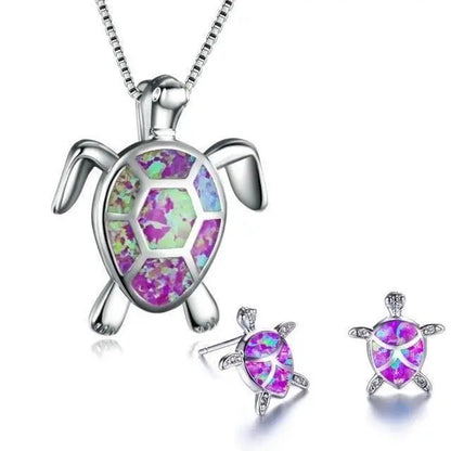 Conjunto de collar y aretes con tortuga marina de ópalo y plata