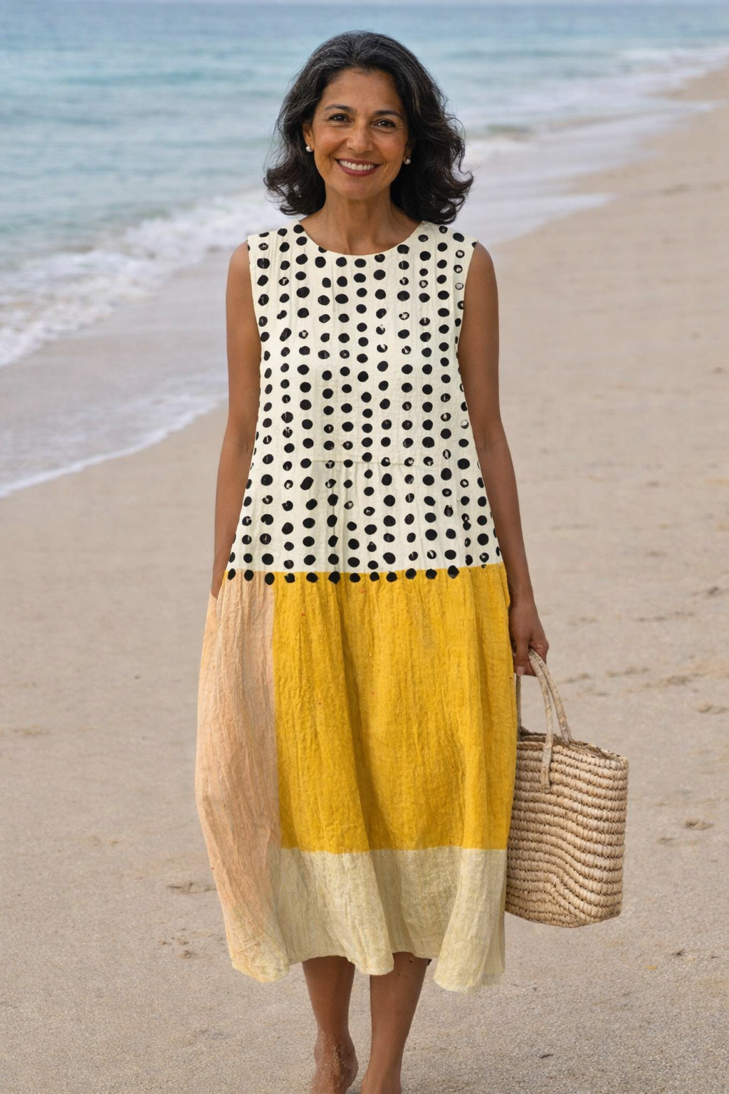 Lucía | Vestido Midi con Bloques de Color y Lunares