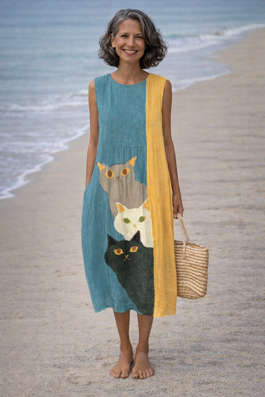 Pilar | Vestido Midi con Gatos Artísticos