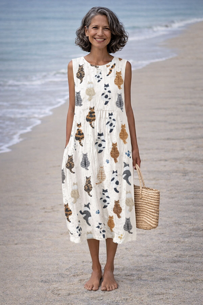 Irene | Vestido Midi con Estampado de Gatos