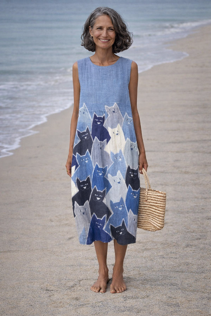 Penélope | Vestido Midi con Gatos de Retazos