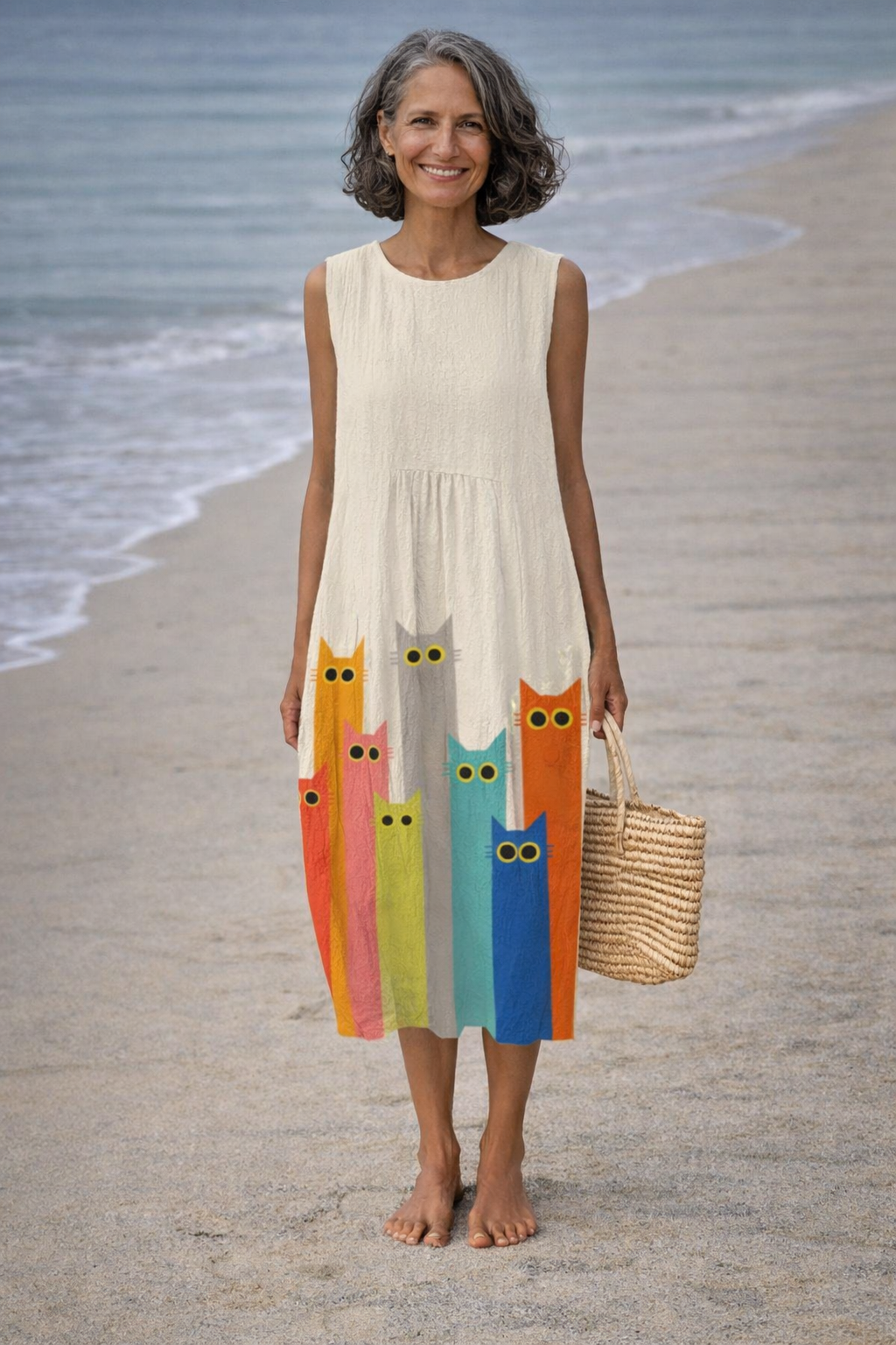 Lorena | Vestido Midi con Gatos de Colores