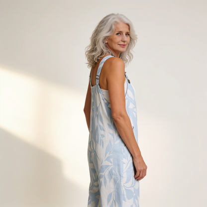 Naomi | Overol con motivo de hojas en azul celeste