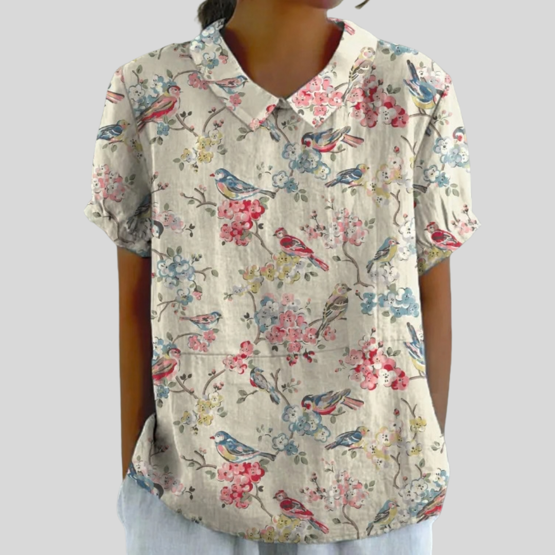 Blusa de Botones de Manga Corta con Estampado de Aves Orientales
