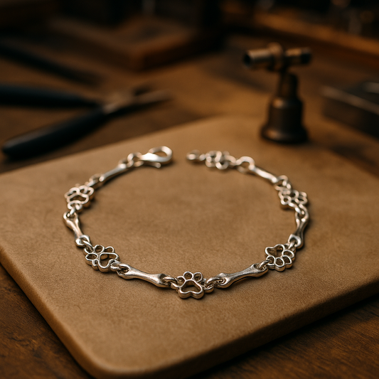 Pulsera con Patas de Perro Suspendidas y Hueso de Plata Bruta, Edición Limitada