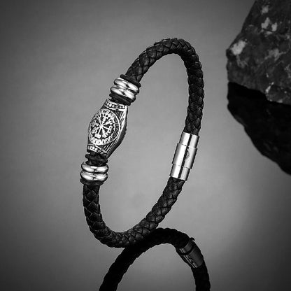 Pulsera de cuero trenzado negro Viking Compás