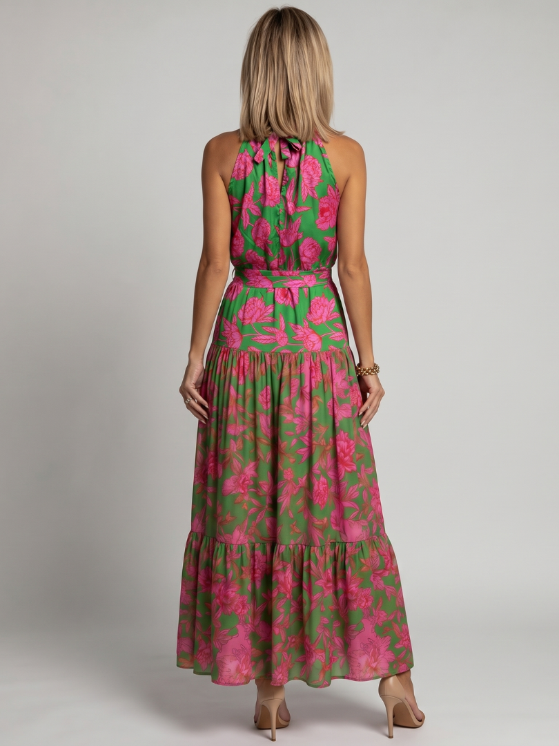 María Isabel Vestido midi con estampado floral en verde y rosa
