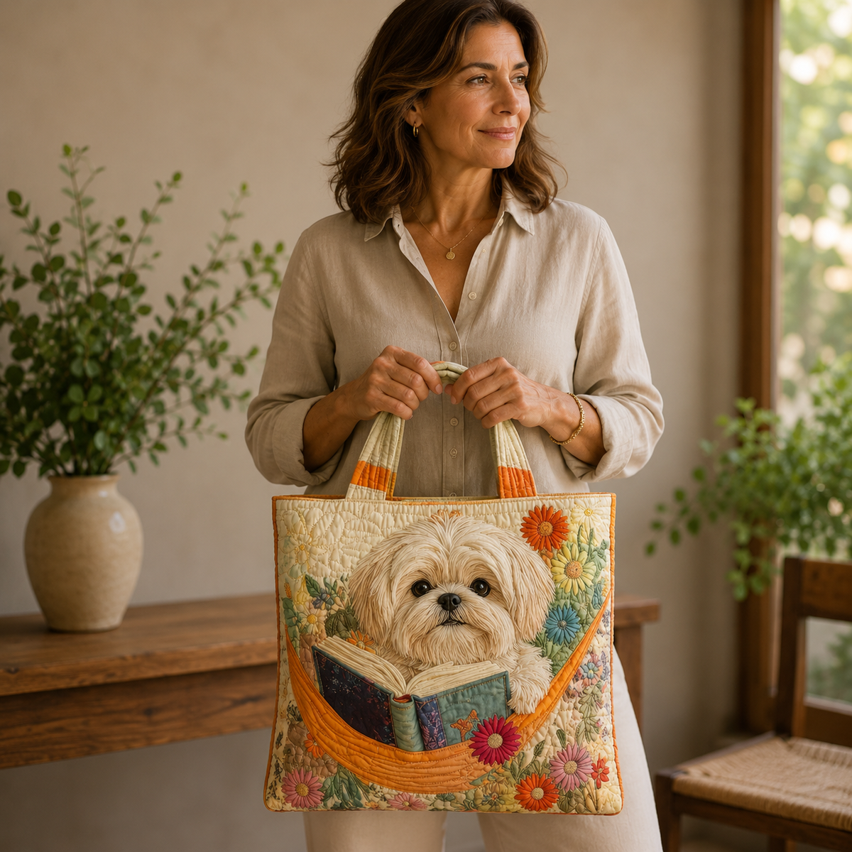 Shih-tzu s knihami a květinami | Prošívaná taška