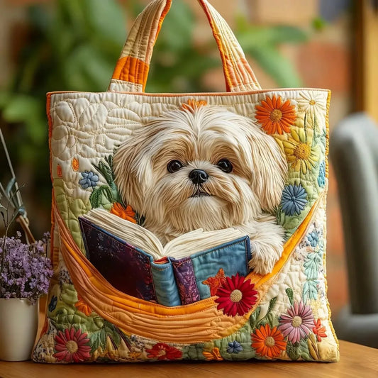 Shih-tzu s knihami a květinami | Prošívaná taška
