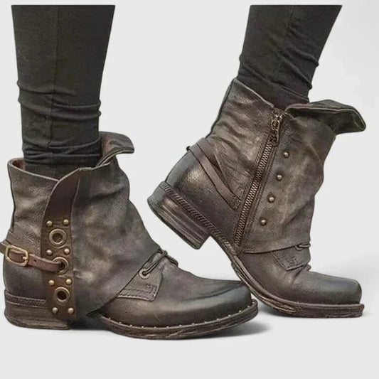 Roxana | Šedé kotníkové boty ve vintage stylu s přezkami