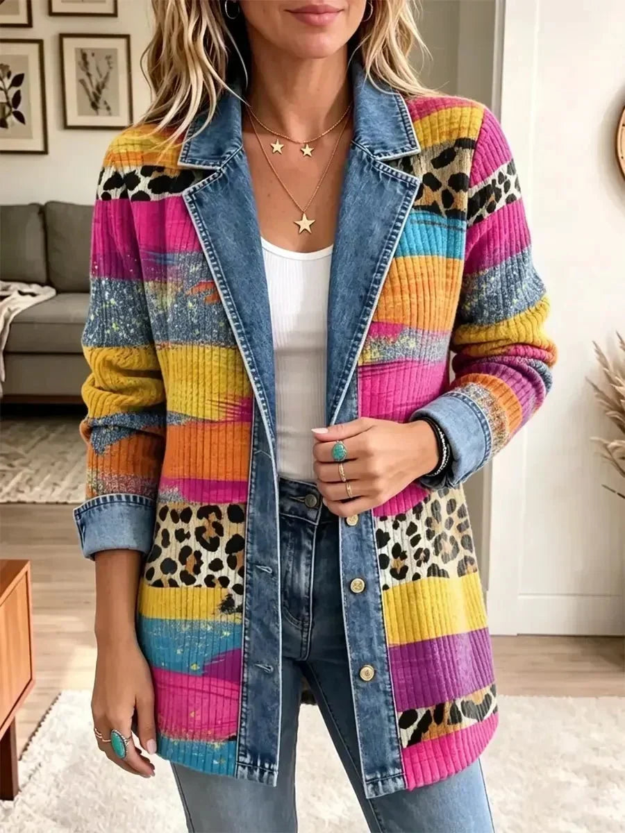 Gita | Barevná retro džínová bunda s leopardím vzorem