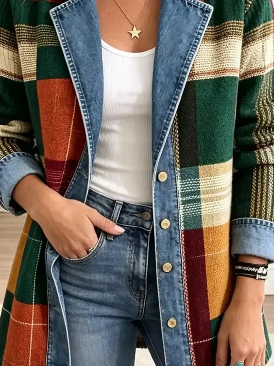 Hana | Retro džínová bunda s uměleckým kostkovaným potiskem